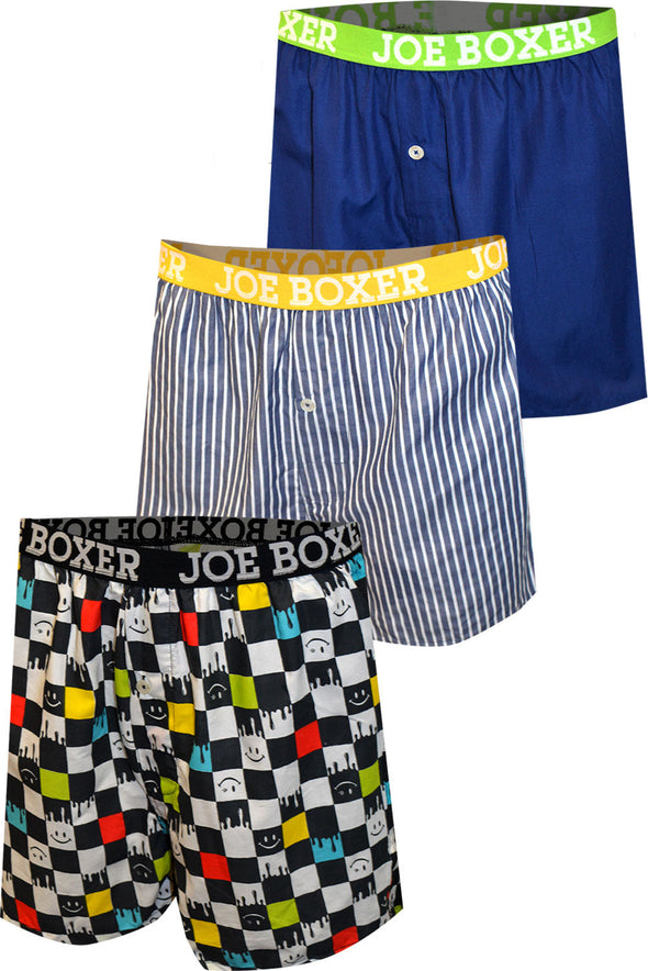 Joe Boxer Checker Melt Stripes Solid Woven Cotton 3 Pack Boxers
