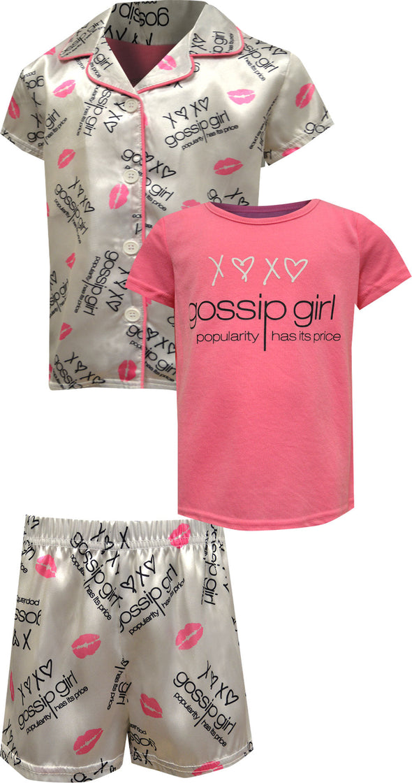 Gossip Girl Logo Girls Satin Shortie 3 Pc Pajama