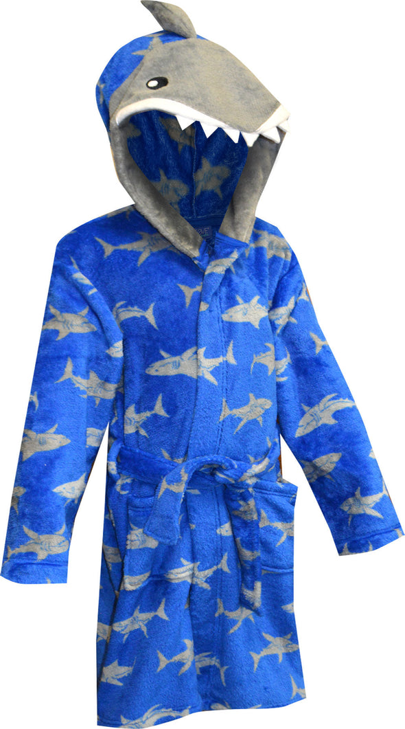 Shark Print Blue Plush Hooded Robe with 3D Face