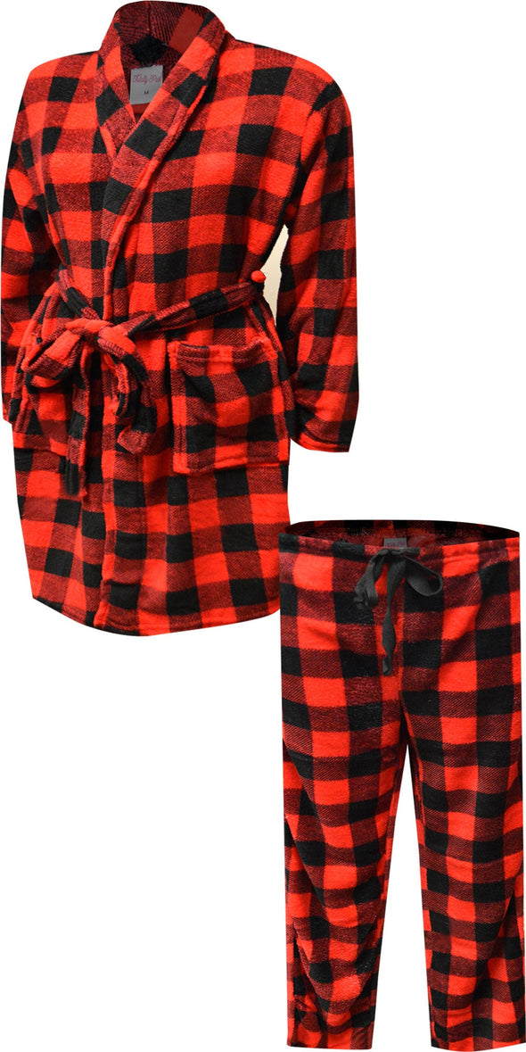 Red and Black Buffalo Plaid Print Plush Robe and Loungepant Set