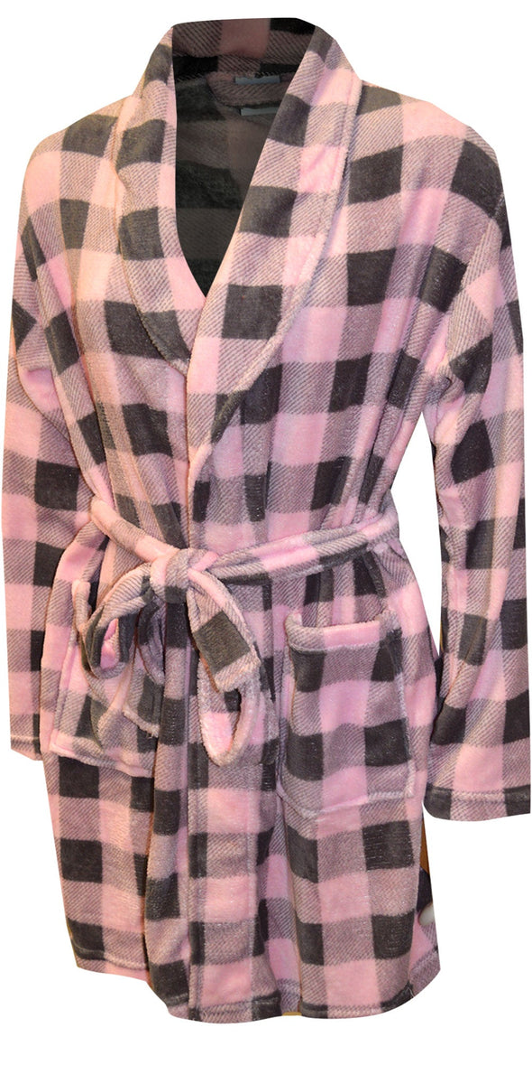 Soft Pink and Gray Buffalo Plaid Print Plush Robe