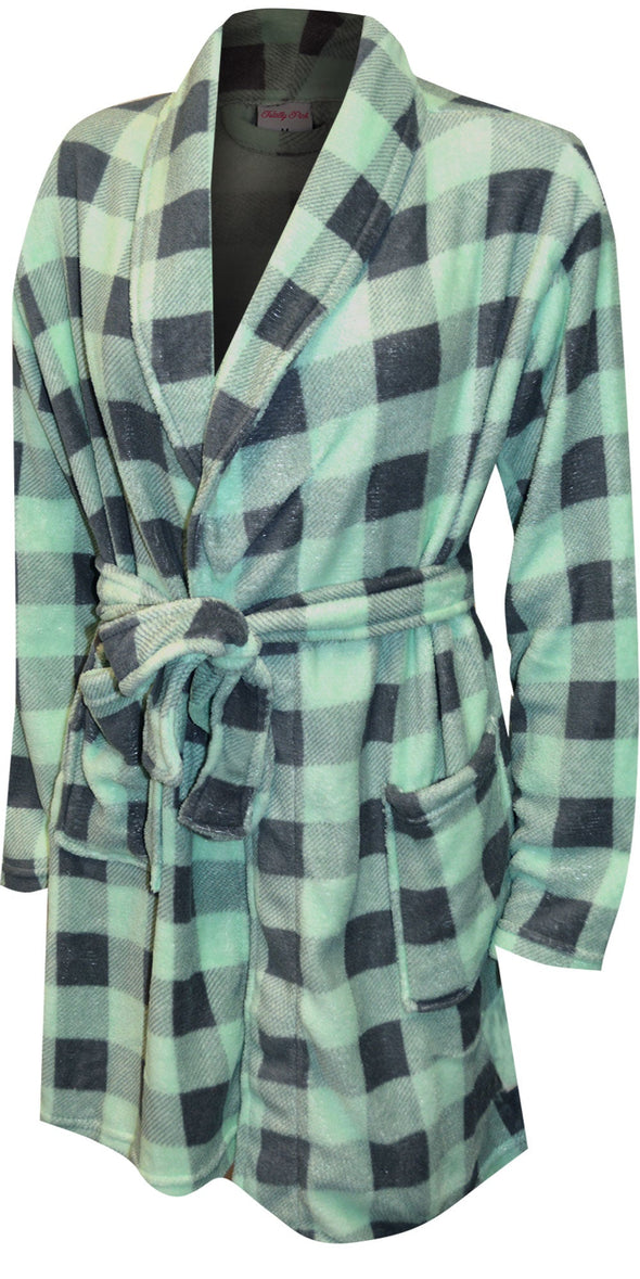 Mint Green and Gray Buffalo Plaid Print Plus Size Plush Robe