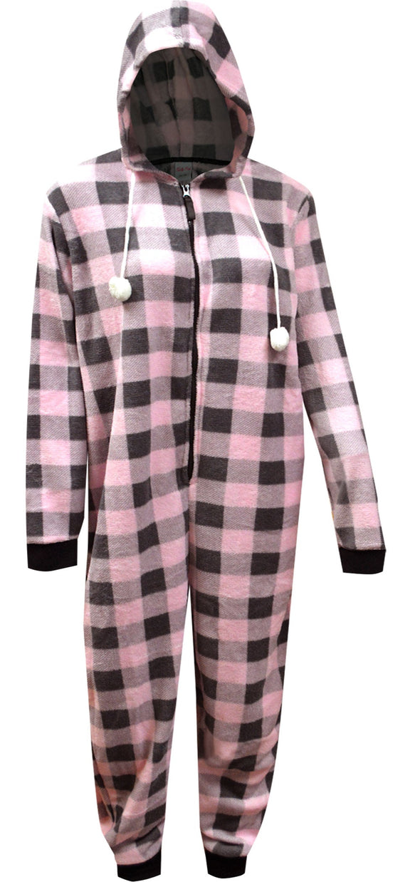 Soft Pink and Gray Buffalo Plaid Print Hooded Onesie