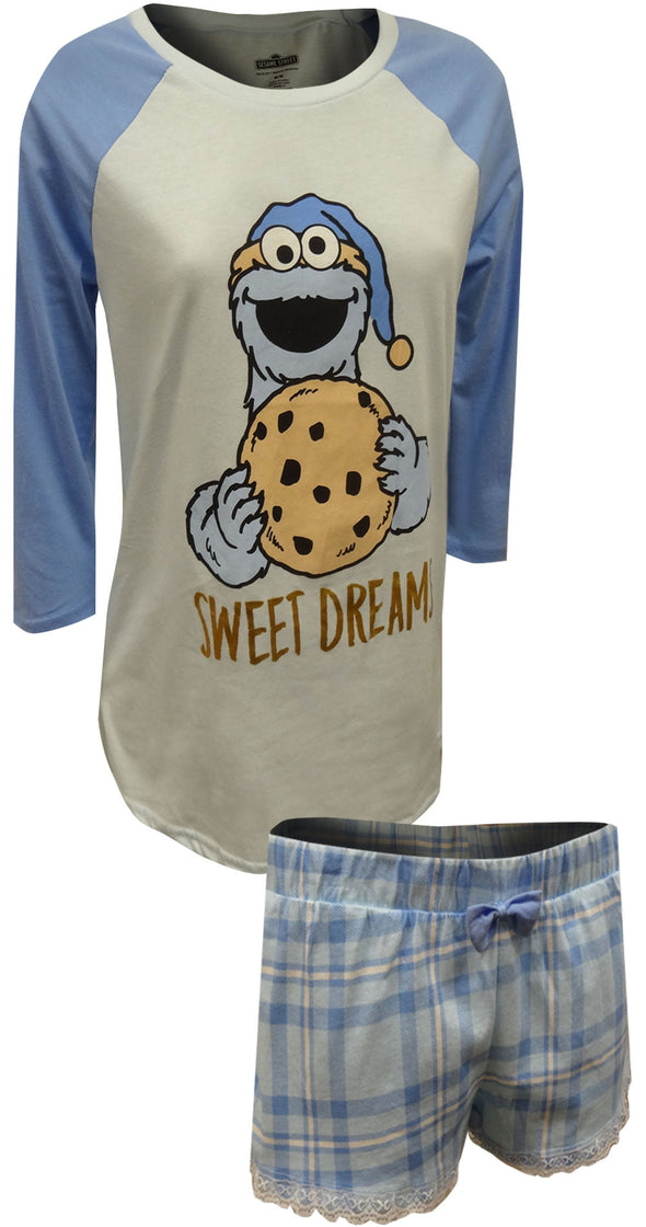 Cookie Monster Blue Lace Trim Shortie Pajama Set