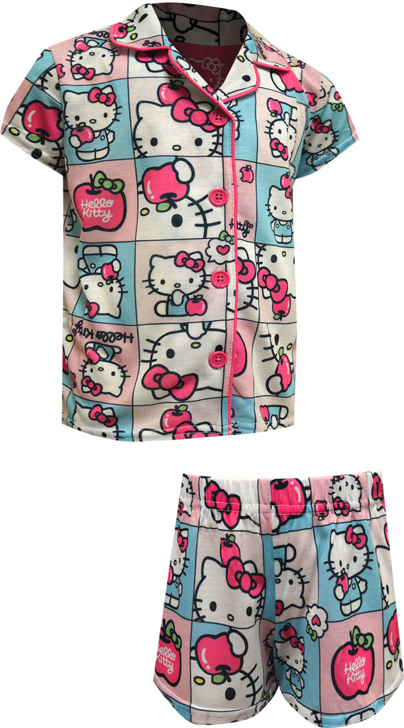 Hello Kitty Blocks Notch Collar Girls Shortie Pajamas